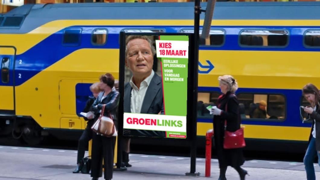 Ga naar doneer.groenlinks.nl en steun onze campagne met een donatie! Stationsposter